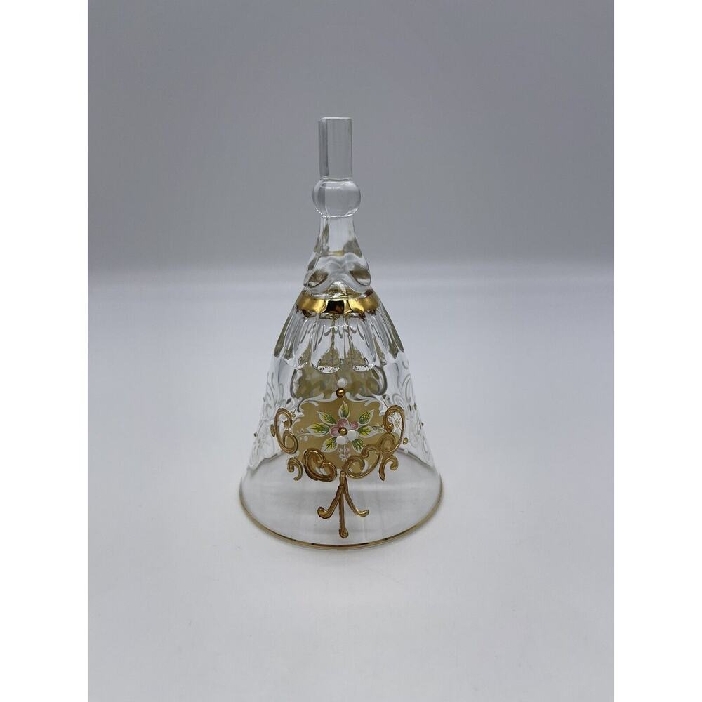 Vintage Hand Painted Crystal Bell Gold And Floral Design 5.5” Tall